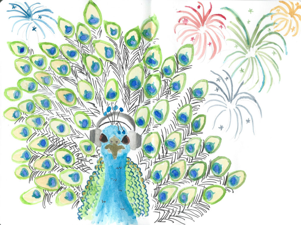 watercolor image of a peacock wearing over-ear headphones against a backdrop of fireworks